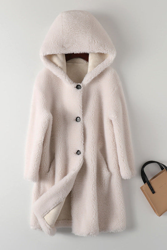 Lumina Wear Sofia plush oversized teddy coat with hood and large buttons, cozy women's winter coat in soft faux fur.