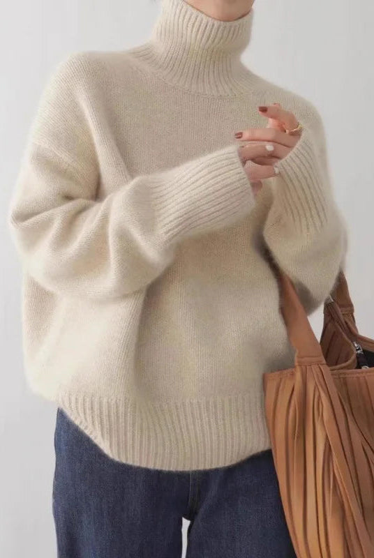 Lumina Wear Sofia relaxed ribbed turtleneck sweater for women with dropped shoulders and cozy pullover style.