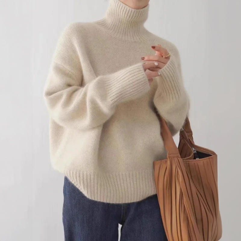 Light beige Lumina Wear Sofia relaxed ribbed turtleneck women's pullover sweater with dropped shoulders, cozy and stylish fit.