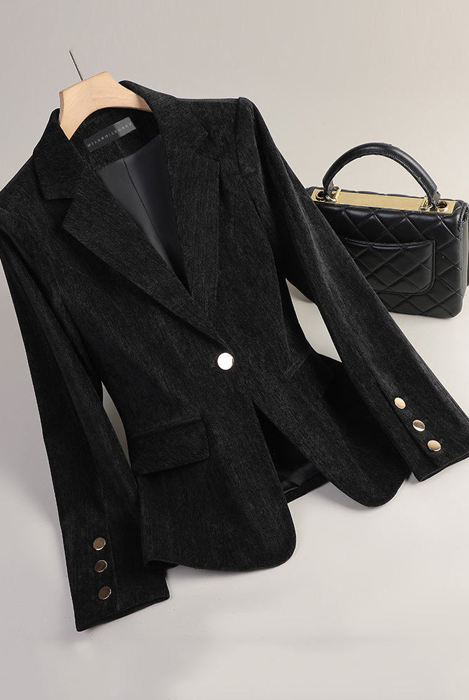 Sofia slim tailored velvet blazer by Lumina Wear, featuring radiant textured fabric and a sleek, fitted design.