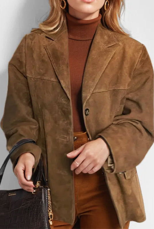 Sofia structured suede jacket by Lumina Wear featuring tailored fit and practical pockets, shown in a stylish, close-up image.