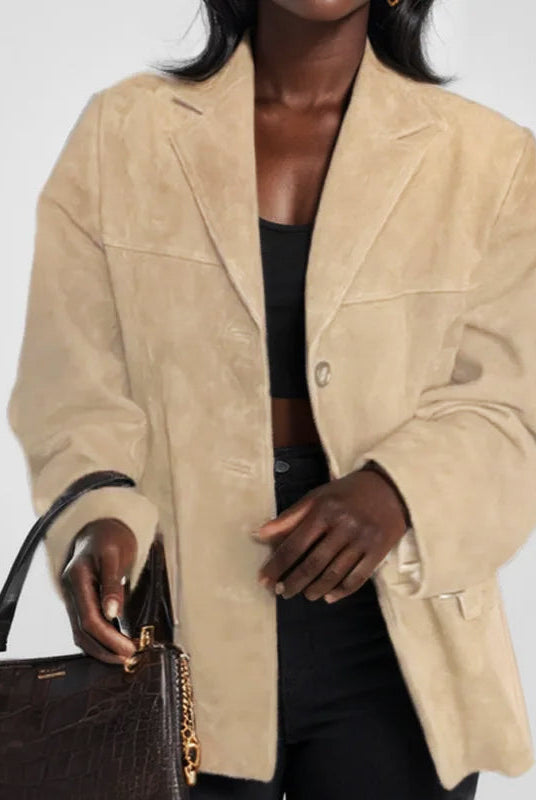 Structured suede jacket named Sofia by Lumina Wear, featuring tailored fit and practical pockets in a stylish, modern design.