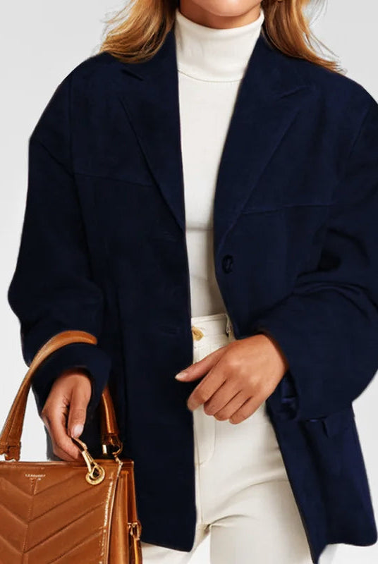 Sofia tailored structured suede jacket by Lumina Wear featuring practical pockets and a sleek, modern design.