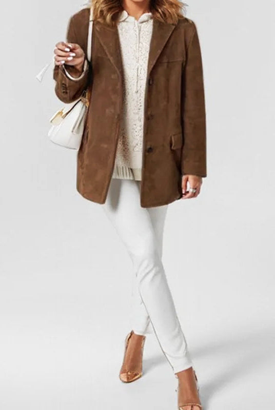 Structured suede jacket with tailored fit and practical pockets by Lumina Wear, shown in a stylish design.