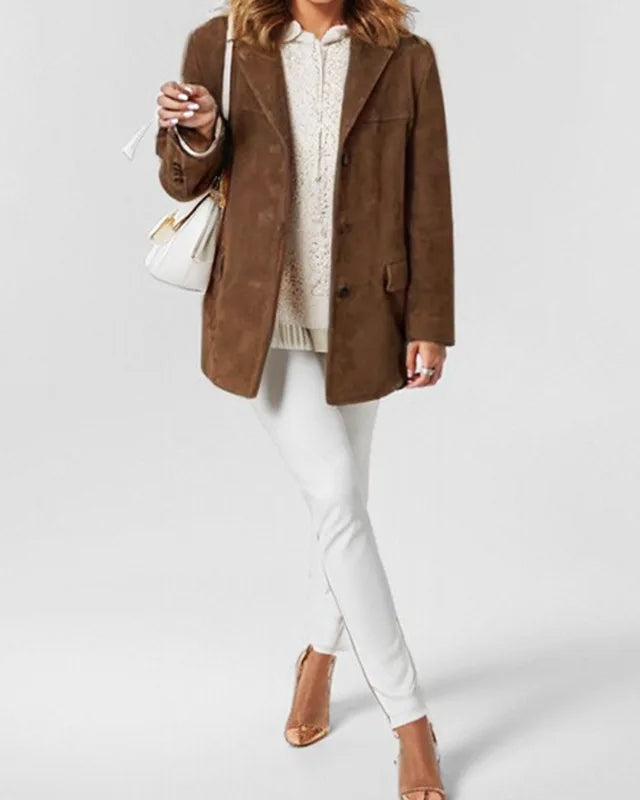 Structured suede jacket by Lumina Wear featuring tailored fit, practical pockets, and sleek design in a sophisticated style.