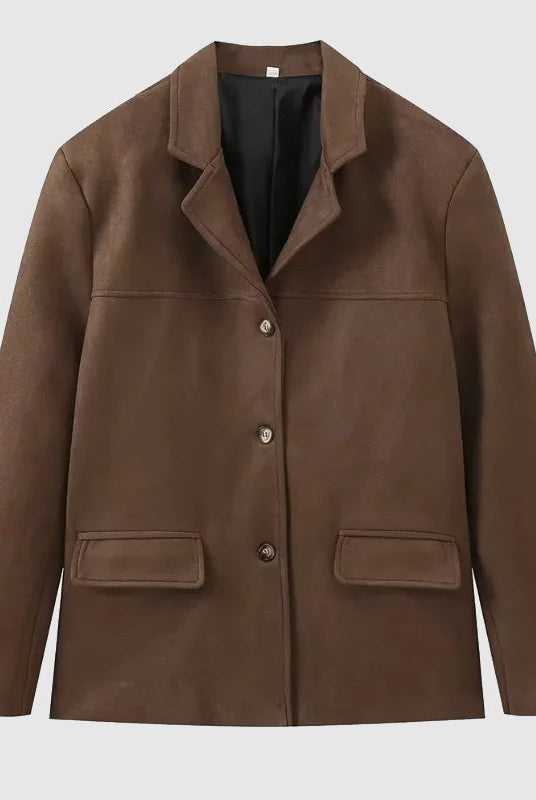 Structured suede jacket by Lumina Wear featuring tailored fit and practical pockets, styled on a model showing front view.