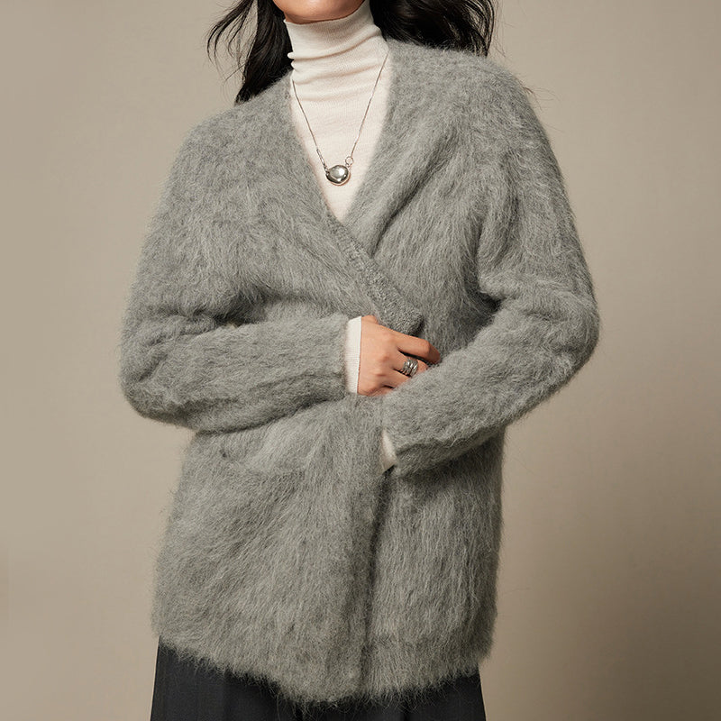 Lumina Wear Sofia women's loose fit cardigan sweater, ultra-soft breathable fabric, shown in a relaxed, draped style.