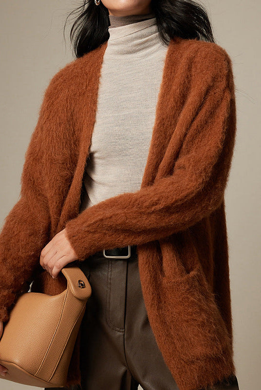 Light beige Lumina Wear Sofia loose fit cardigan sweater with ultra-soft, breathable fabric and relaxed style.