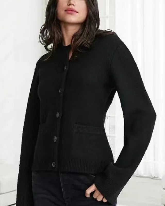 Elegant vintage-inspired Lumina Wear Sofia cardigan with button front and side pockets, featuring a classic, stylish design.