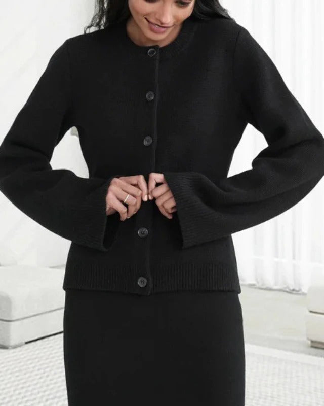 Vintage-inspired Lumina Wear Sofia cardigan with elegant buttons and side pockets, featuring a classic, stylish design.