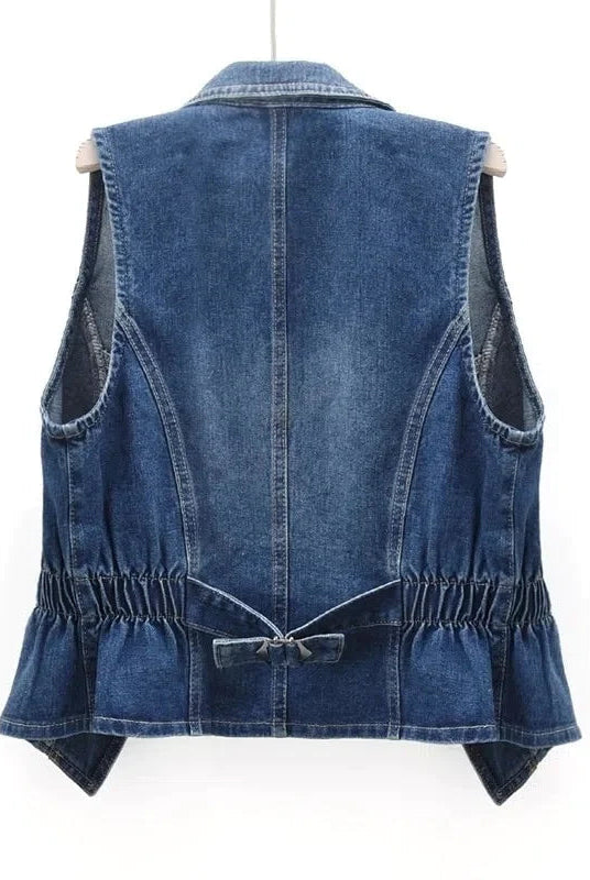 Celestial medium blue washed denim vest with toggle fastenings from Lumina Wear, casual sleeveless vest for women.