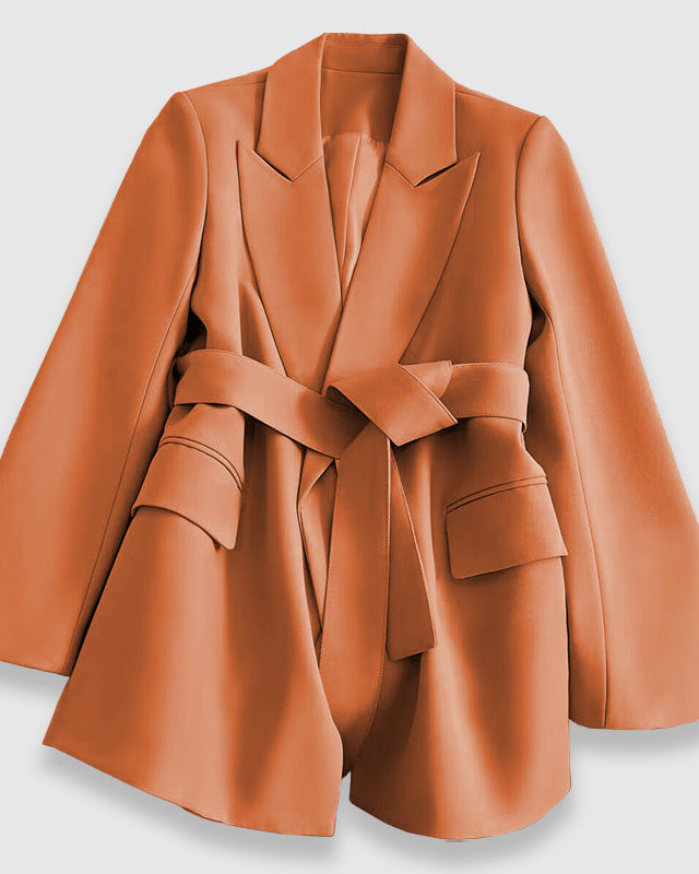 Valentina chic tailored belted blazer with elegant lapel from Lumina Wear, shown on a model with stylish look and sophisticated design.
