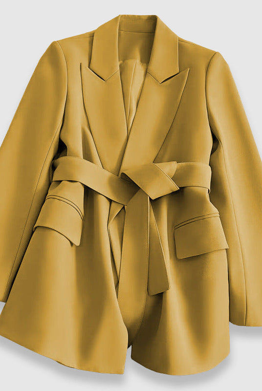 Valentina Lumina Wear tailored blazer with belt and elegant lapel, featuring a structured fit and sophisticated design.