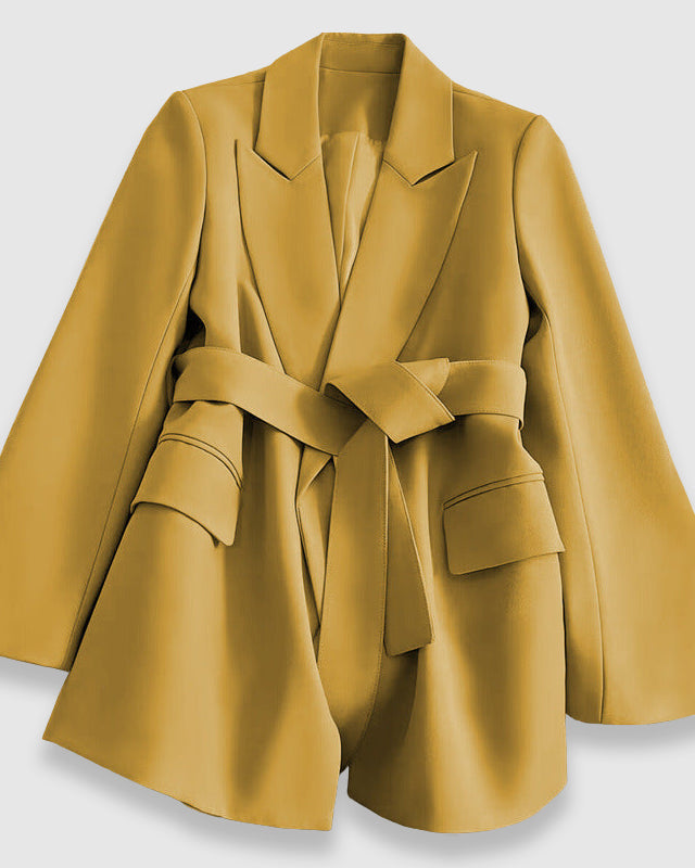 Valentina Lumina Wear tailored blazer with belt and elegant lapel, featuring a structured fit and sophisticated design.
