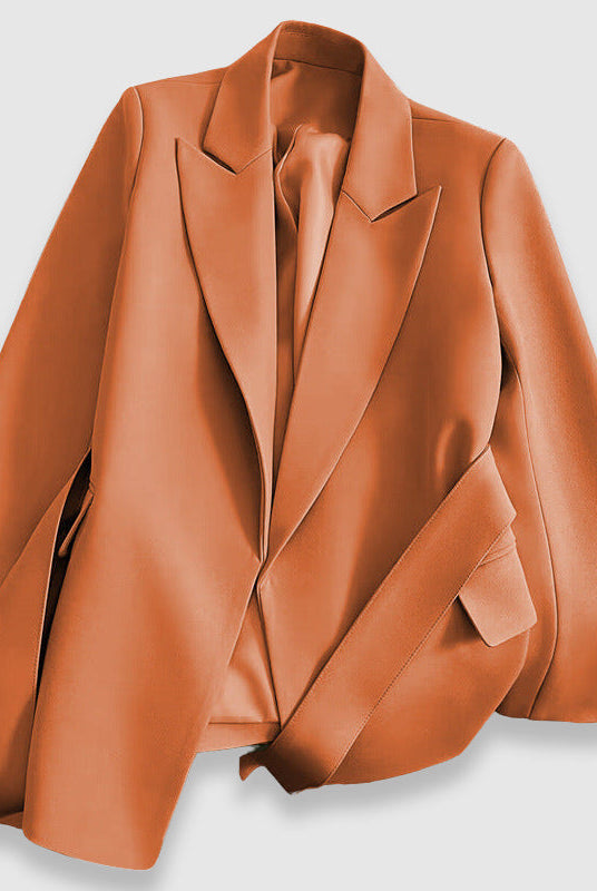 Lumina Wear Valentina blazer with tailored fit, belted waist, and elegant lapel, stylish for professional and formal occasions.