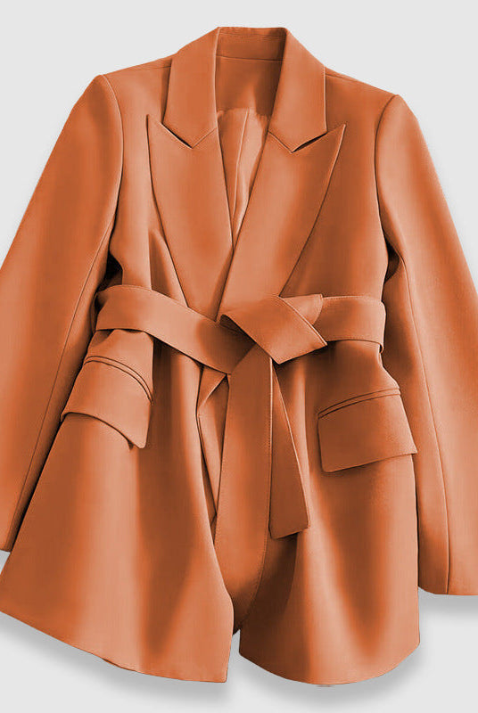 Lumina Wear Valentina chic tailored blazer with elegant lapel and belt, featuring sleek design and structured fit.