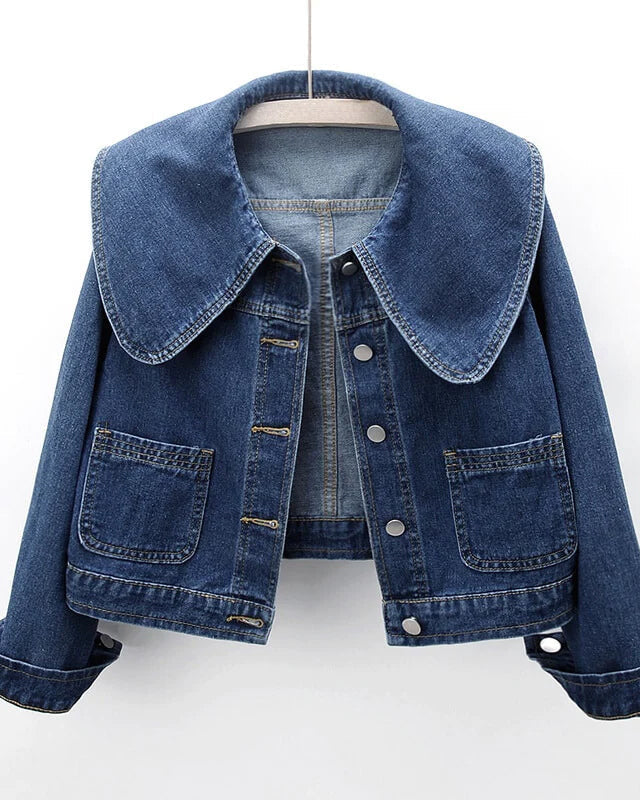 Lumina Wear Valentina classic fit royal denim jacket with button closure, showcasing its stylish design and durable denim fabric.