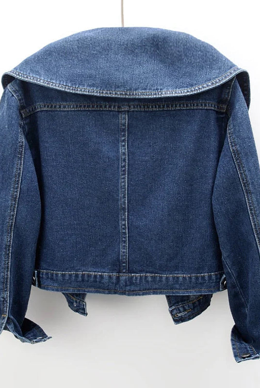 Lumina Wear Valentina classic fit royal denim jacket with button closure, shown on a model, featuring traditional collar and long sleeves.