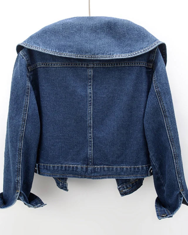 Lumina Wear Valentina classic fit royal denim jacket with button closure, shown on a mannequin, highlighting its stylish design and fit.