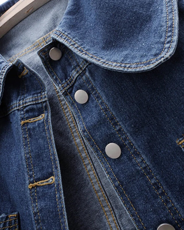 Lumina Wear Valentina classic fit royal denim jacket with button closure, shown on a model with front view and rolled-up sleeves.