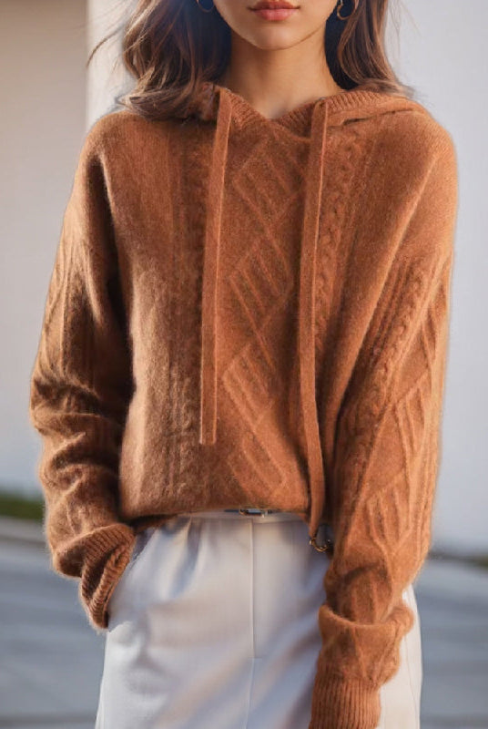 Lumina Wear Valentina cozy cable-knit hooded sweater with relaxed fit, featuring textured knit pattern and a casual, comfortable style.