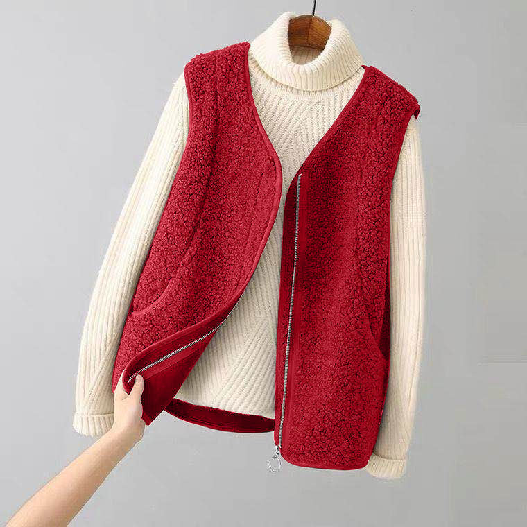 Valentina cozy textured fuzzy vest with zipper closure by Lumina Wear, featuring a warm, stylish design and soft fabric.