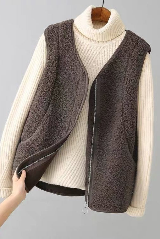 Valentina cozy textured fuzzy vest with zipper closure by Lumina Wear, shown in a close-up of the front view.