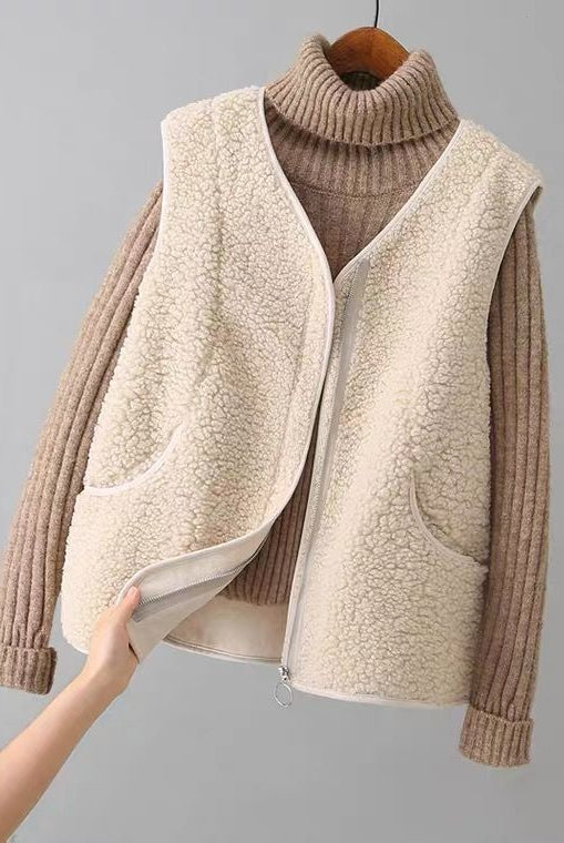 Valentina cozy textured fuzzy vest with zipper closure by Lumina Wear, featuring soft fabric and stylish design.