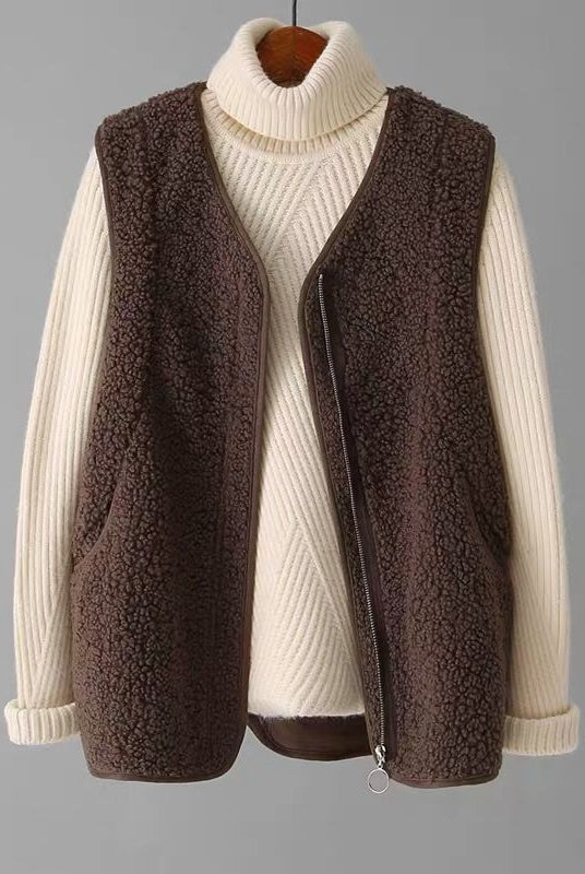 Lumina Wear Valentina cozy textured fuzzy vest with zipper closure, shown in a close-up of the stylish, soft fabric and modern design.