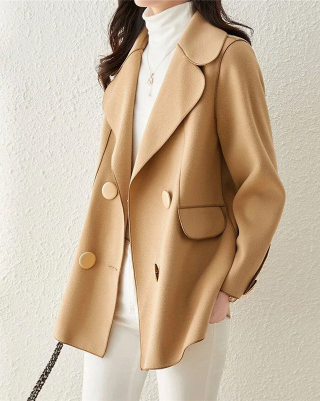 Elegant khaki wool coat with structured lapels from Lumina Wear, featuring a tailored fit and classic design.