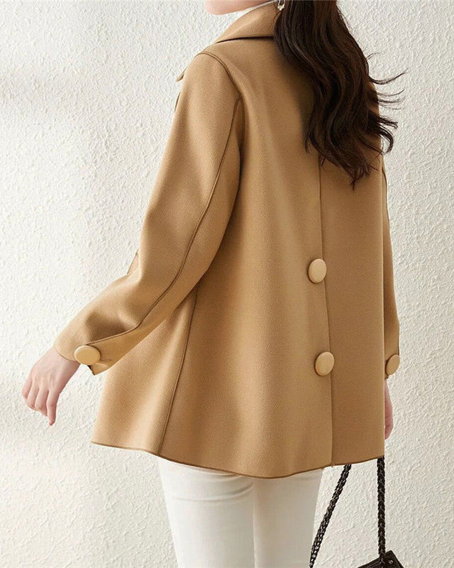 Elegant khaki wool coat with structured lapels from Lumina Wear, featuring a tailored fit and classic design.