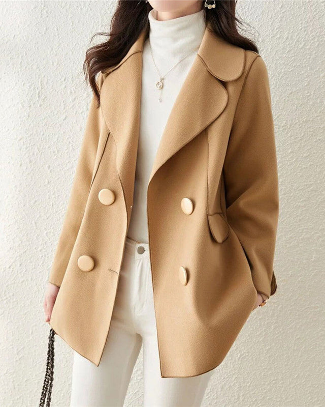 Elegant khaki wool coat with structured lapels from Lumina Wear, featuring a tailored fit and classic design.