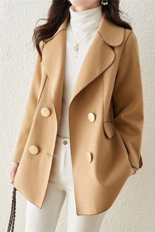 Elegant women's double-breasted wool coat with structured lapels from Lumina Wear, featuring a tailored fit and classic style.