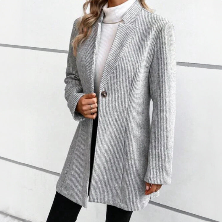 Elegant Valentina Lumina women's jacquard mid-length coat with timeless style, featuring intricate woven fabric and tailored fit.