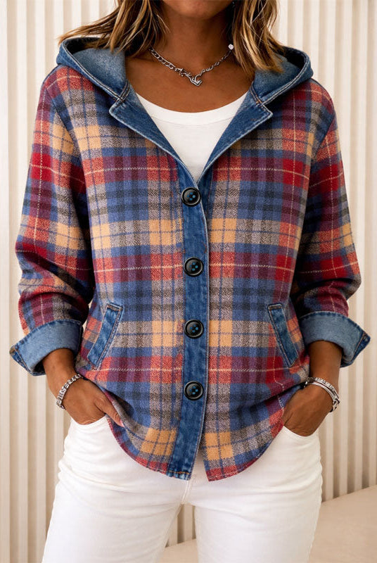 Valentina lightweight hooded plaid jacket with button front from Lumina Wear, featuring a casual, stylish design and cozy fabric.