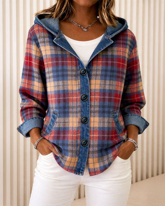 Lightweight hooded plaid jacket with button front from Lumina Wear, featuring a stylish design and casual fit.