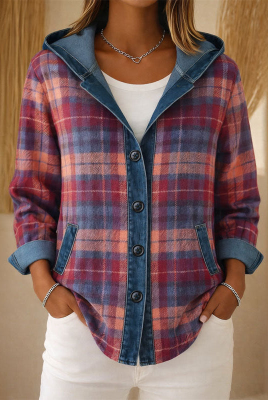 Lightweight hooded plaid jacket with button front from Lumina Wear, featuring a casual, stylish design in a classic pattern.