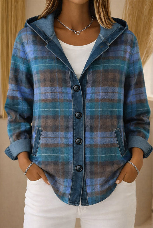 Lightweight hooded plaid jacket with button front from Lumina Wear, featuring a stylish, casual design.