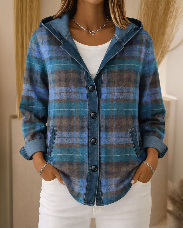 Lightweight hooded plaid jacket with button front from Lumina Wear, featuring a casual design and classic pattern.