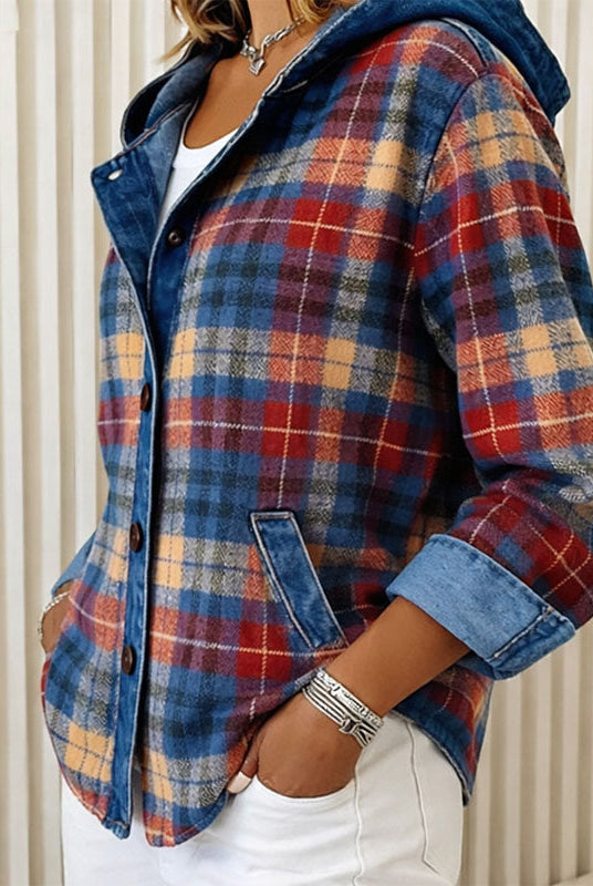 Lightweight hooded plaid jacket with button front from Lumina Wear, featuring a stylish design and casual fit.