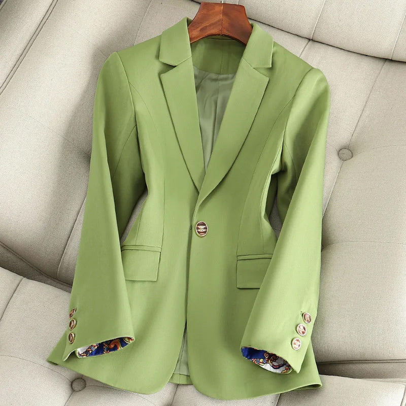 Lumina Wear Valentina lightweight sleek one-button blazer with classic fit, shown in a tailored, professional style.