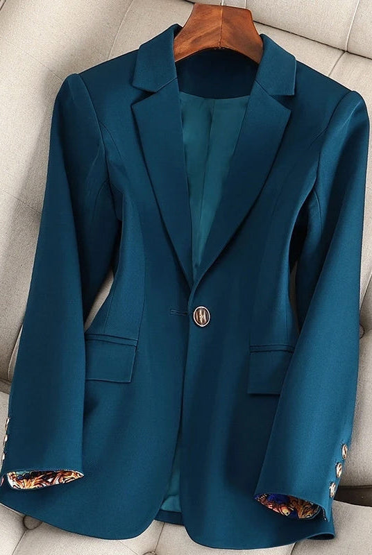 Lightweight Lumina Wear Valentina classic fit one-button blazer in sleek fabric, shown on a model.