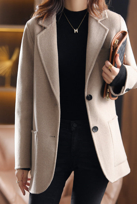 Valentina Lumina Relaxed Fit Wool Blend Winter Overcoat with Lapel Collar, stylish outerwear for cold weather, in neutral tones.