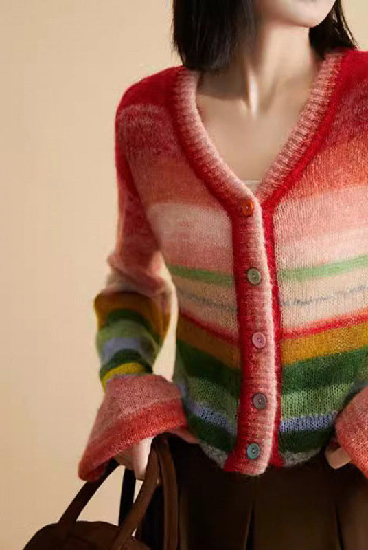 Valentina Lumina relaxed gradient knit cardigan with playful buttons, soft fabric, and casual fit displayed on a model.