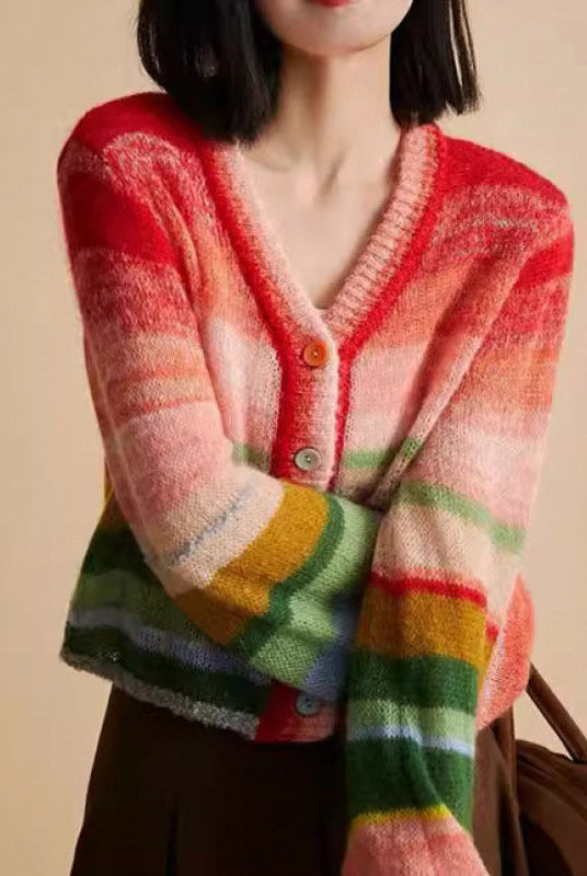 Lumina Wear Valentina relaxed gradient knit cardigan with playful buttons, featuring a cozy, casual style and colorful design.
