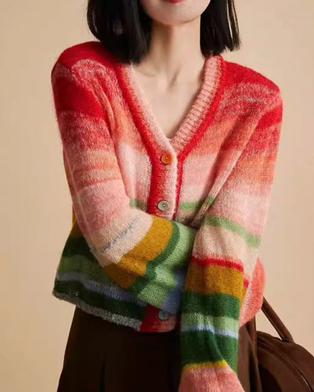 Lumina Wear Valentina relaxed gradient knit cardigan with playful buttons, featuring a cozy, casual style and colorful design.