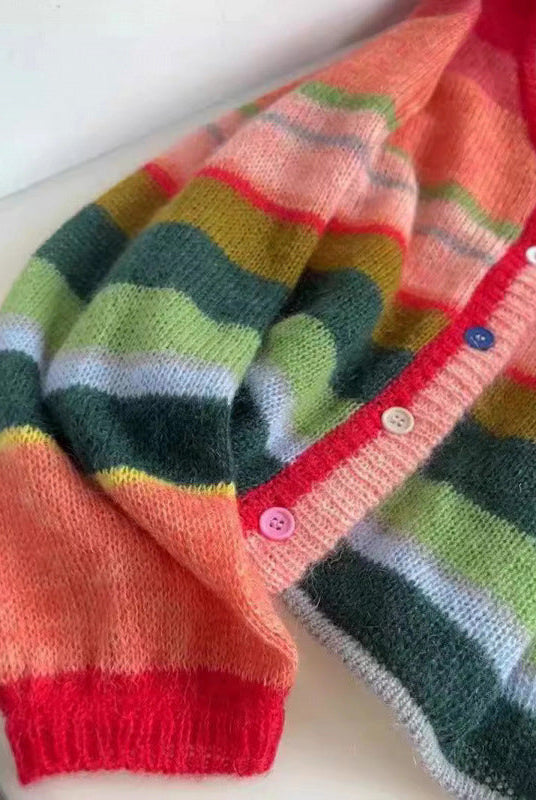 Relaxed gradient knit cardigan with playful buttons from Lumina Wear, featuring a soft, cozy design and stylish details.