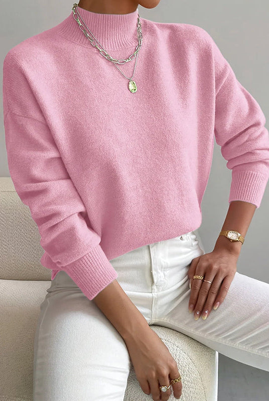 Lumina Wear Valentina relaxed mock neck knit sweater with ribbed cuffs, showcasing a cozy, stylish sweater in soft fabric.
