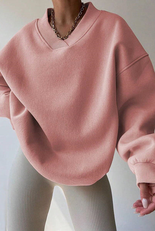 Lumina Wear Valentina pastel oversized sweater with relaxed fit and V-neckline, soft knit fabric, casual style.