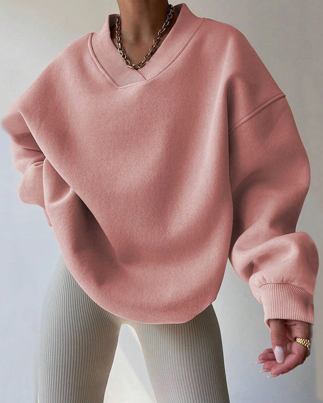 Lumina Wear Valentina pastel oversized sweater with relaxed fit and V-neckline, soft knit fabric, casual style.